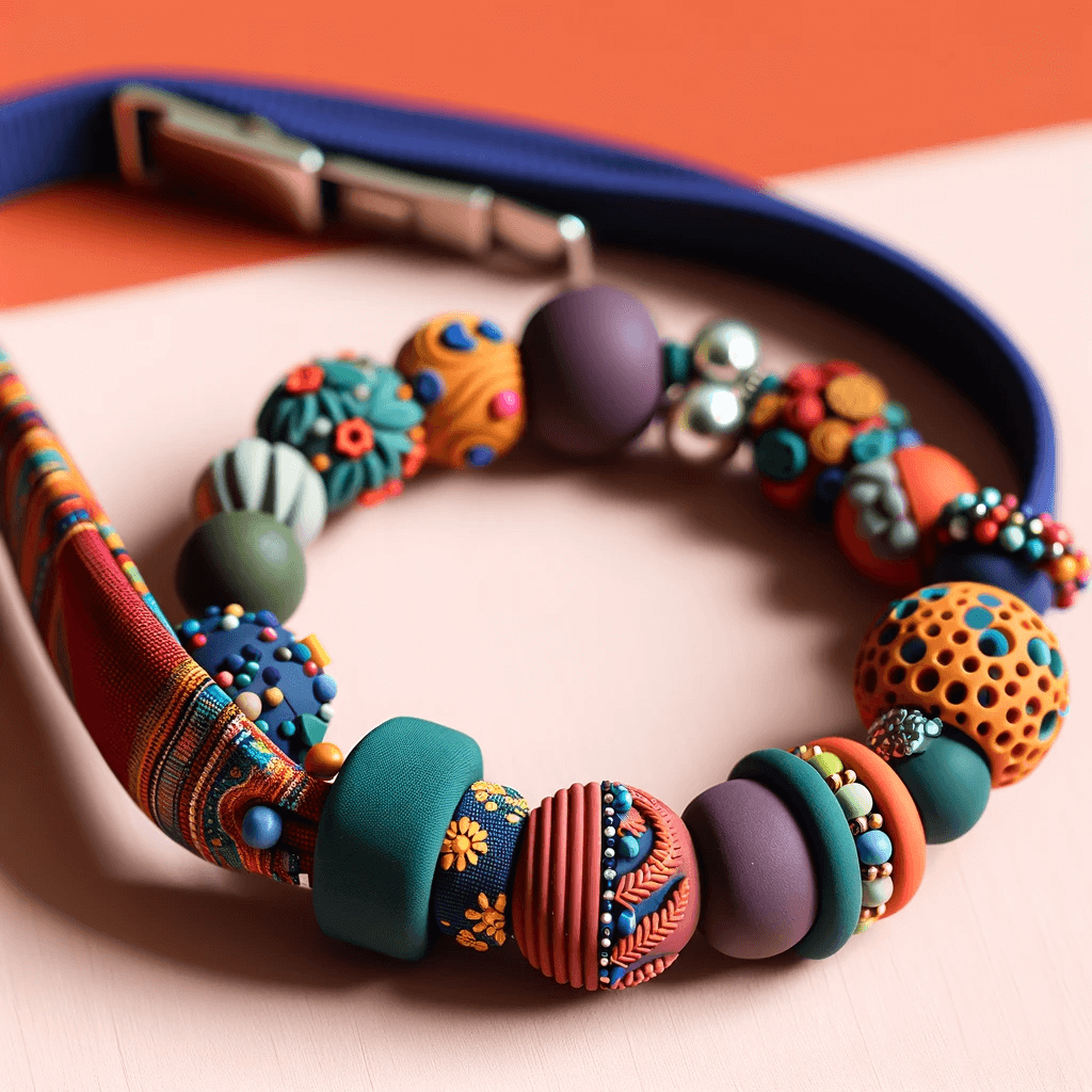 DALL·E 2024 01 17 13.33.17 A colorful and stylish handcrafted nursing strap made from rubber, demonstrating its use for breastfeeding mothers. The strap is adorned with beads an